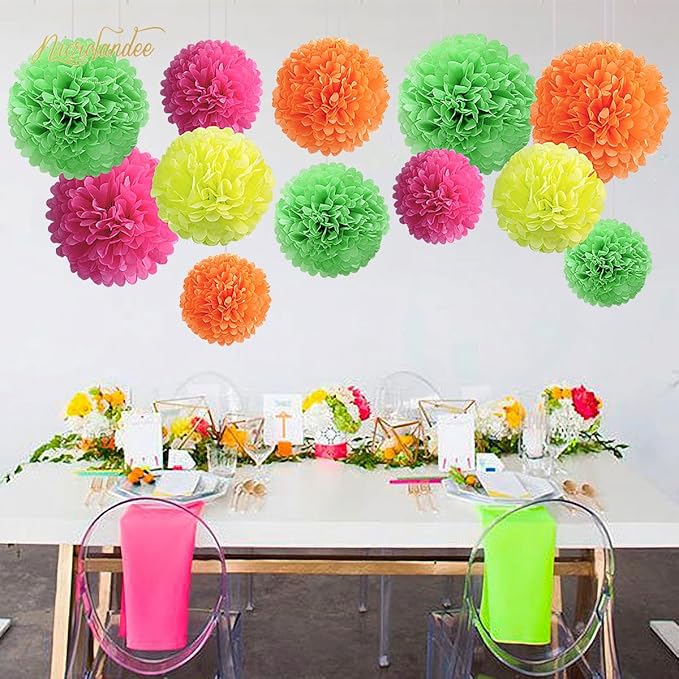 NICROLANDEE Blacklight Party Decorations - 12 PCS Fluorescent Neon Tissue Paper Pom Poms for Birthday, Wedding, Baby Shower, Glow-in-The-Dark, Neon, Prom Dance Party Photography
