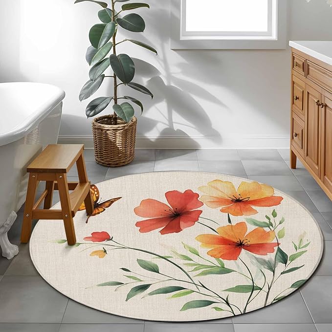 Washable Round Area Rug Summer Watercolor Flower Butterfly Circle Rugs Floor Carpet for Living Room Bedroom, Green Leaves Retro Linen Soft Non Slip Round Rug 3ft