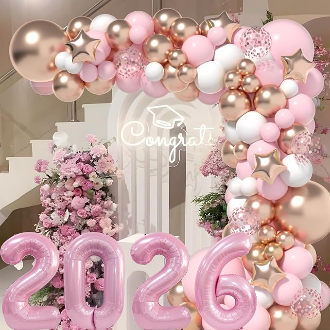 Graduation Decorations Class of 2026: Pink and Gold Graduation Balloons Arch Kit 2026 Grad Party Decorartion with Congrats Grad Backdrop Party Supplies for High School & College Celebrations
