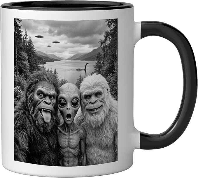 Bigfoot Alien Loch Ness Monster UFO Selfie Funny Cryptid Art Ceramic Mug, Black/White