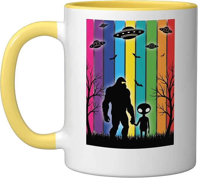Bigfoot Holding Hands With Alien Ufo Rainbow Sci Fi Ceramic Mug, Yellow/White