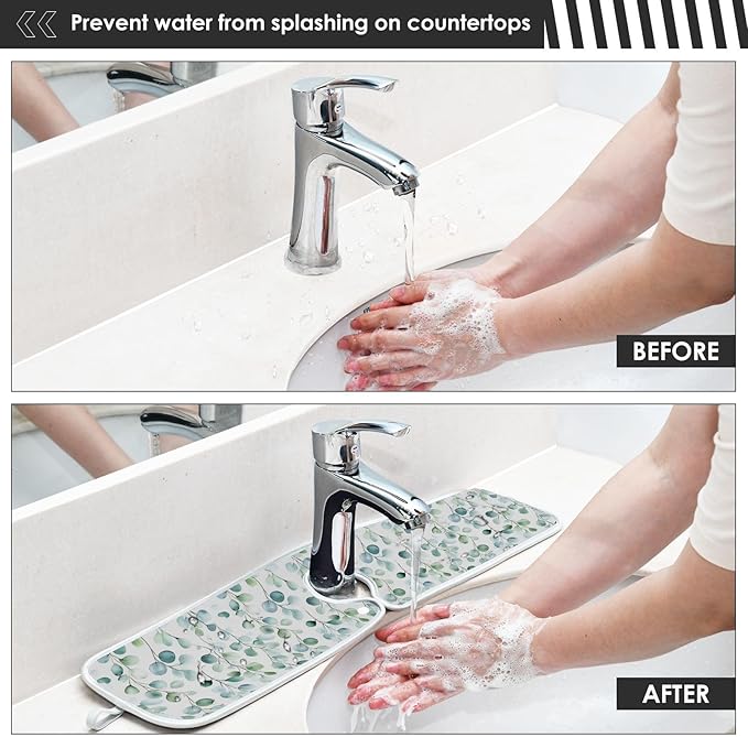 Kitchen Faucet Absorbent Mat,Flower Green Leaves Water Splash Guard for Sink, Faucet Drip Catcher Thicken Sponge Microfiber Faucet Water Catcher Mat Sink Absorbent Mat for Kitchen 14x5in 2 Pack