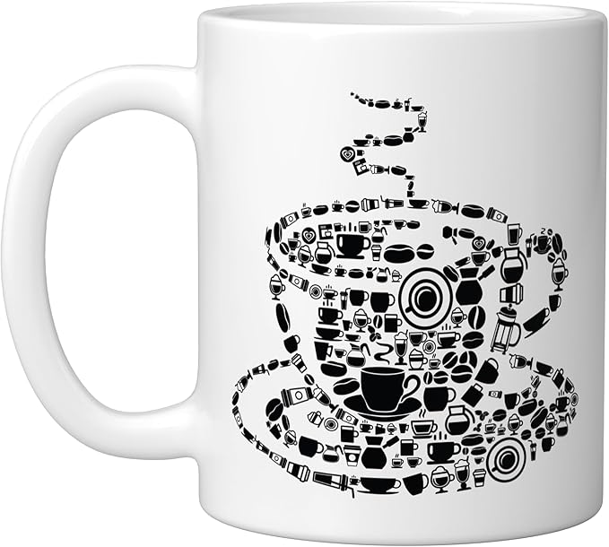 Coffee Brewed Steaming Java Picture Mosaic Cup Saucer Pot Ceramic Mug, White