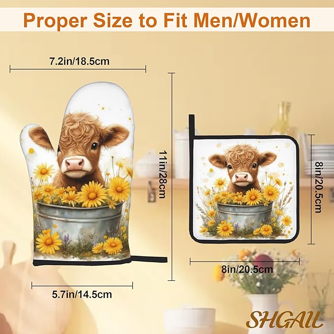 Highland Cow Flower Oven Mitts with Matching Potholders - Heat Resistant Kitchen Accessories for Baking, Grilling, Cooking, Gifts for Women