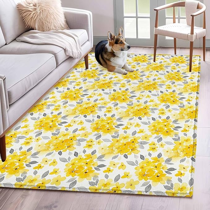 Area Rug 4x6ft, Summer Pastoral Yellow Flower Washable Rugs for Living Room Bedroom, Country Floral Leaf Theme Soft Non-Slip Area Rugs Rectangle Floor Carpet for Dining Room