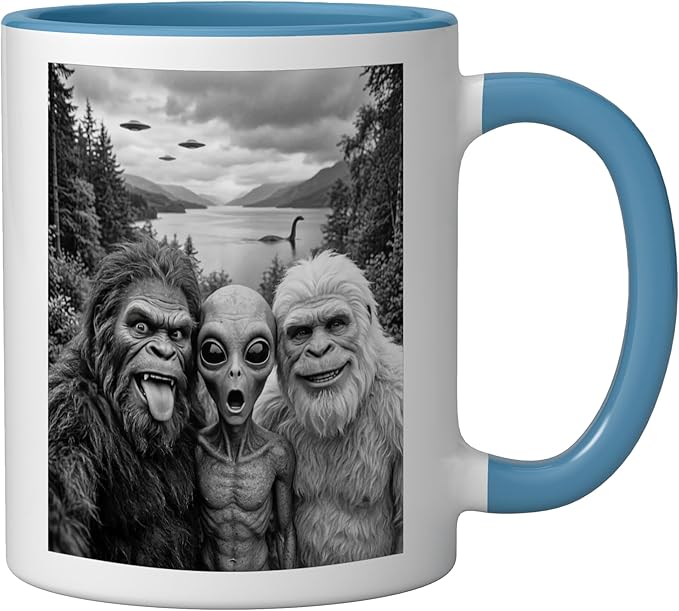 Bigfoot Alien Loch Ness Monster UFO Selfie Funny Cryptid Art Ceramic Mug, Blue/White