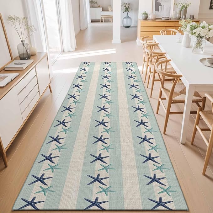 Runner Rug for Bedroom Hallway, Summer Ocean Blue Teal Starfish Kitchen Runner Rugs Area Rug 2x6ft, Sea Star on Farmhouse Linen Washable Soft Floor Carpet for Entryway Stair