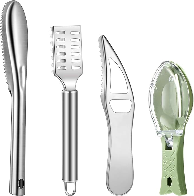 Honoson 4 Pcs Fish Scaler Remover Stainless Steel Fish Skin Scraper Grater Multi-functional Kitchen Peeler Scaler with Bottle Opener for Seafood Cleaning