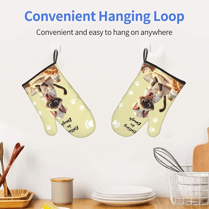 Wyayzh Funny Cat Chef Oven Mitts of 2-Pack Set, Rolling in Dough Kitchen Gloves Heat Resistant Non-Slip Kitchen Mitts Safe Cooking Baking Grilling