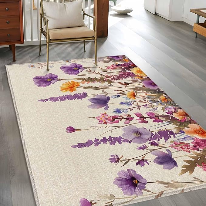 Area Rug 4x6ft, Country Flower Purple Lavender Plant Washable Rugs for Living Room Bedroom, Retro Linen Soft Non-Slip Area Rugs Rectangle Floor Carpet for Dining Room
