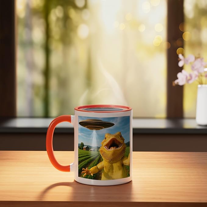 Funny Bearded Dragon Selfie with Alien UFO Ceramic Mug, Orange/White