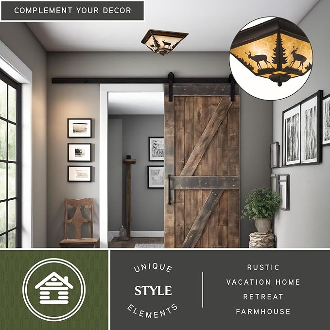 VAXCEL Bryce 14 Inch Flush Mount Rustic Ceiling Light, Deer Silhouette, Dimmable Indoor Outdoor Lighting, Burnished Bronze Finish, Amber Flake Glass