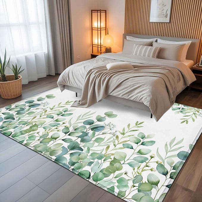 Sage Green Eucalyptus Leaves 6x9 Area Rugs, Farmhouse Botanical Non-Skid Rubber Backing Large Rectangle Rugs - Living Room Bedroom Home Office, Country Indoor Floor Mat Carpets Washable Rug