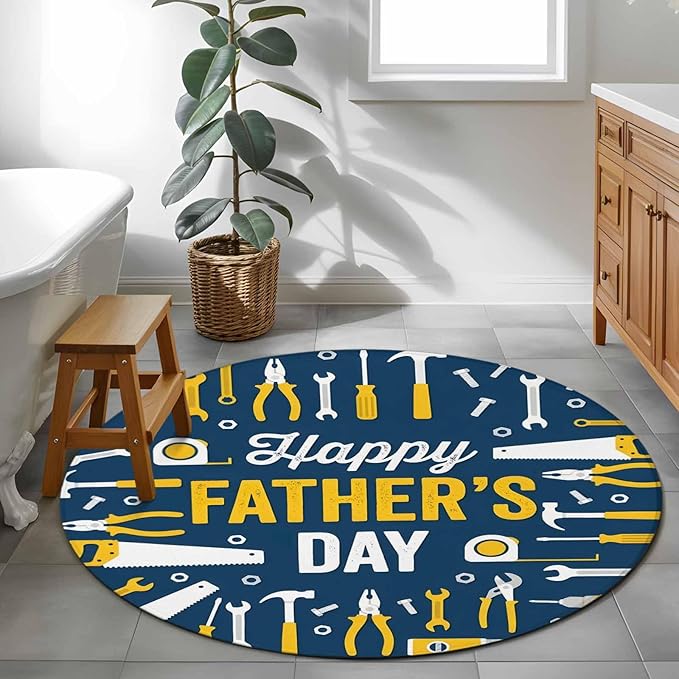 Father's Day Round Rug 3.3 ft Hand Tools Workshop Equipment Soft Area Rug for Living Room Washable Non-Slip Carpet Indoor Mat for Bedroom Dining Room Holiday Decor