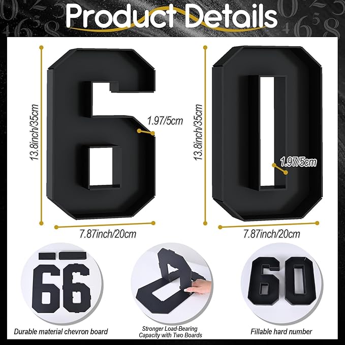 60 Cardboard Numbers for Charcuterie Numbers Fillable 13.8'' Black Paper Mache Number Shaped Cupcake Pans Board Box Trays Container for Food Candy 60th Birthday Party Decorations Anniversary