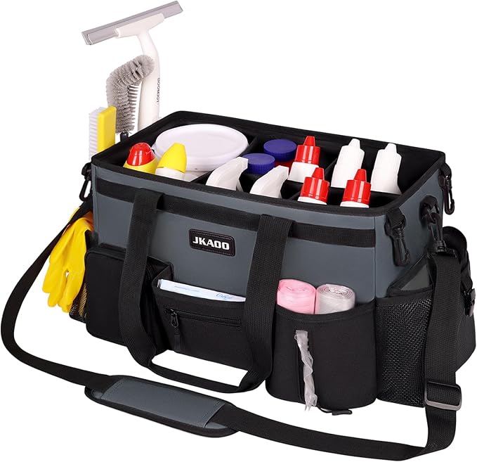 JKAOO Large Wearable Cleaning Caddy Bags,Cleaning Supplies Storage Bag with Handles and Adjustable Shoulder Strap and Removable Waist Straps,Waterproof Cleaning Bags for Home,Car,Office (Gray)