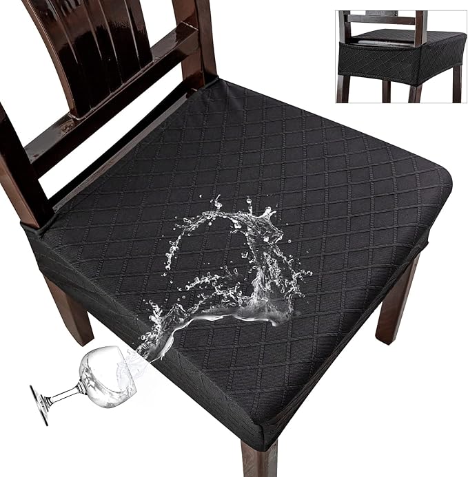 Genina Waterproof Seat Covers for Chairs,Set of 4 Dining Room Chair Seat Covers for Kitchen,Stretch Jacquard Removable Washable Dining Chair Slipcovers Protectors,No Rear Covers, Black