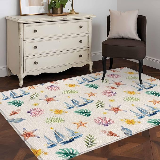 Area Rug 3x5ft, Summer Sea Starfish Sailboat Washable Rugs for Living Room Bedroom, Marine Life Coral on Linen Soft Non-Slip Area Rugs Rectangle Floor Carpet for Dining Room