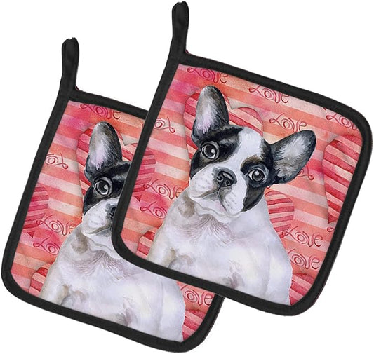 Caroline's Treasures BB9797PTHD French Bulldog Black White Love Pair of Pot Holders, Red Kitchen Heat Resistant Pot Holders Sets Oven Hot Pads for Cooking Baking BBQ, 7 1/2 x 7 1/2