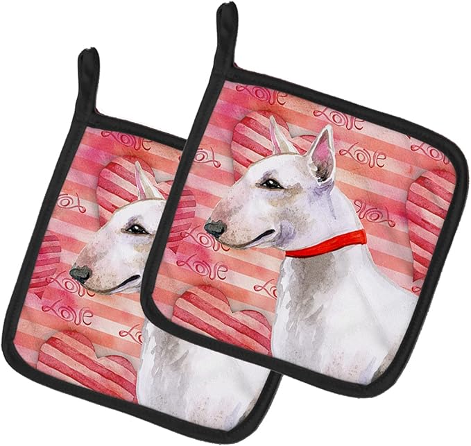 Caroline's Treasures BB9780PTHD Bull Terrier Love Pair of Pot Holders, Red Kitchen Heat Resistant Pot Holders Sets Oven Hot Pads for Cooking Baking BBQ, 7 1/2 x 7 1/2