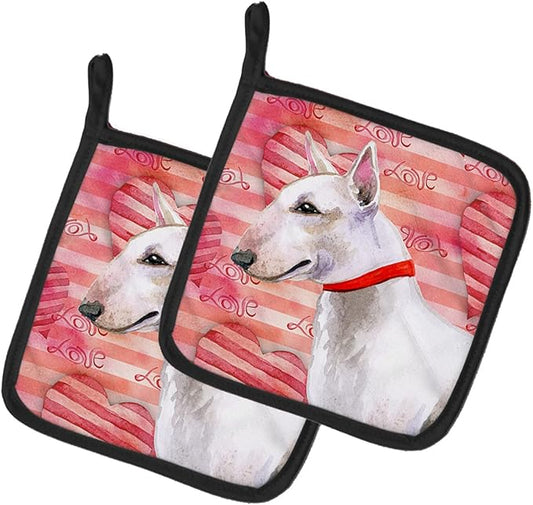 Caroline's Treasures BB9780PTHD Bull Terrier Love Pair of Pot Holders, Red Kitchen Heat Resistant Pot Holders Sets Oven Hot Pads for Cooking Baking BBQ, 7 1/2 x 7 1/2