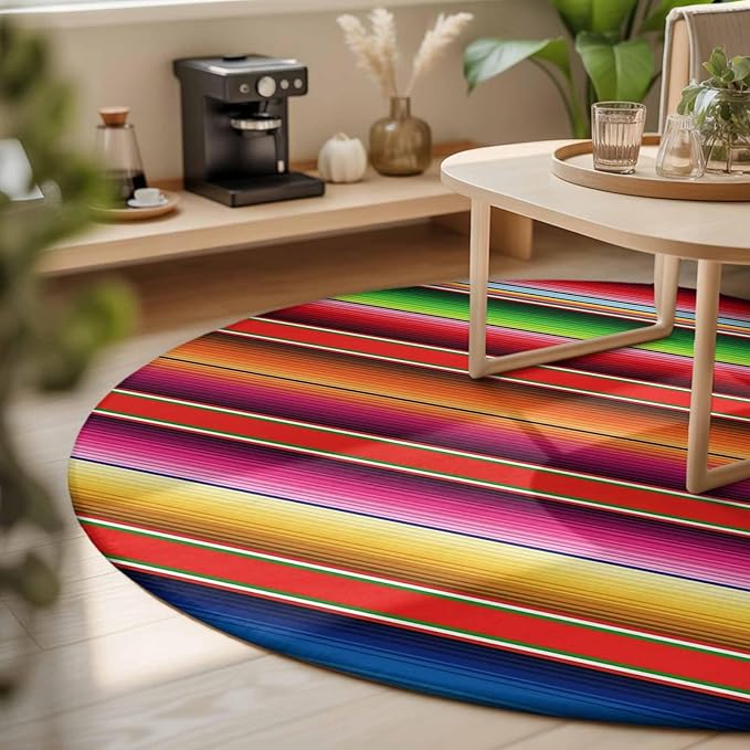 Washable Round Area Rug Mexican Stripes Vintage Boho Circle Rugs Floor Carpet for Living Room Bedroom, Native American Stripe Soft Non Slip Round Rug 3ft