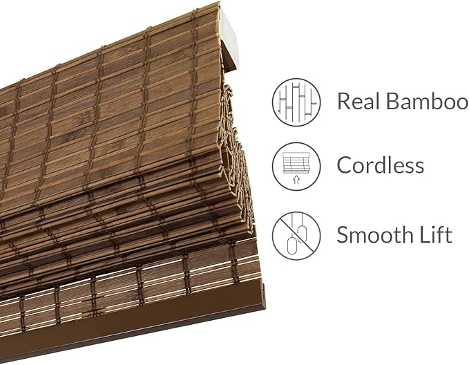 CHICOLOGY Bamboo Roman Shade, Cordless Light Filtering Woven Wood Window Treatment for Living Room, Dining Room, Kitchen & Office, Natural Bamboo Blinds for Boho Coastal Decor, Pinecone, 23"W x 64"H