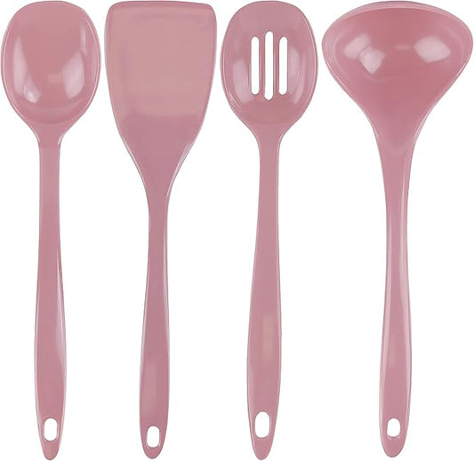 Reston Lloyd 100% Melamine Kitchen Utensil Set, Non Scratching Ladle, Spoon, Slotted Spoon & Spatula, Easy To Hold, Set of 4, Pink