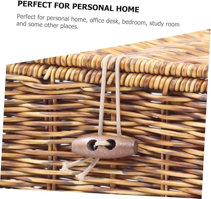 FRCOLOR Imitation Rattan Storage Box with Lid Woven Organizing Sundry Box for Bedroom Bathroom Living Office Neat Orderly Accessory Storage