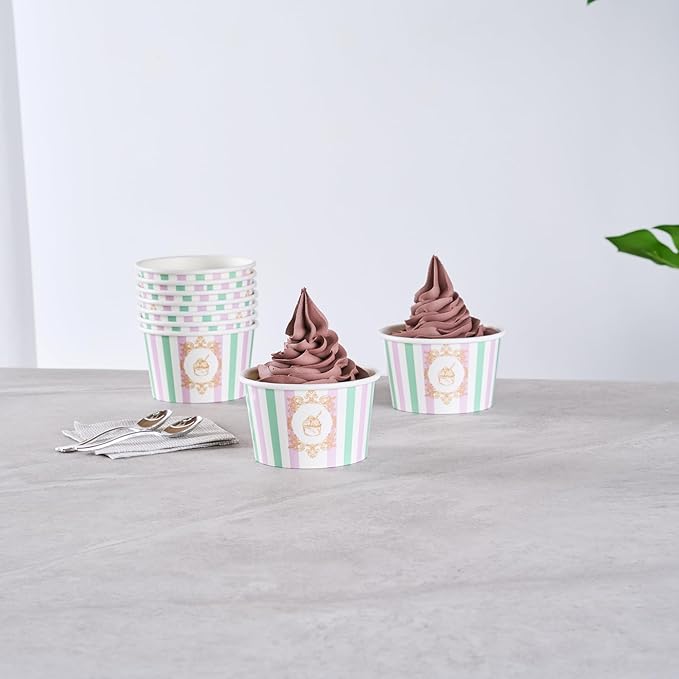 Coppetta 8 Ounce Dessert Cups, 200 Greaseproof Ice Cream Cups - Lids Sold Separately, For Hot And Cold Foods, Purple And Blue Stripe Paper Yogurt Bowls, Disposable, Sturdy - Restaurantware