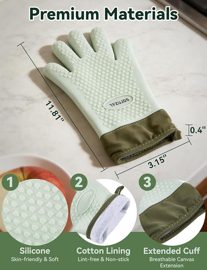 Silicone Oven Mitts with Five-Finger Design, Extended Cuff & Soft Cotton Lining – Heat Resistant, Waterproof, Non-Slip Oven Gloves for Baking, Cooking, Grilling, Safe Grip on Hot Cookware - Green
