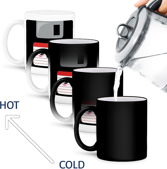 3dRose mug_57455_3 "Kawaii Cute Happy Floppy Disk - Geeky Retro computer - Japanese Anime Smiley cartoon with red label Magic Transforming Mug, 11 oz, Multicolor
