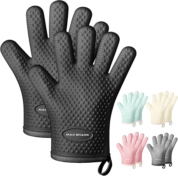 MAD SHARK Silicone Oven Mitts Heat Resistant 450°F,Waterproof & Non-Slip Oven Gloves with Fingers,Cotton Lined Silicone Oven Gloves Kitchen Mitts for Baking Cooking Barbecue,Women,Oven(Black)