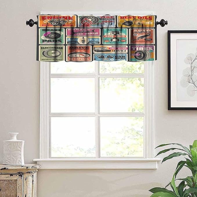 Retro Valance Curtain Car Service and Auto Center Vintage Signboard Windows Short Curtains Valances for Kitchen Living Room Bathroom Bedroom Farmhouse Decor with Rod Pocket, One Panel 54X18 Inches