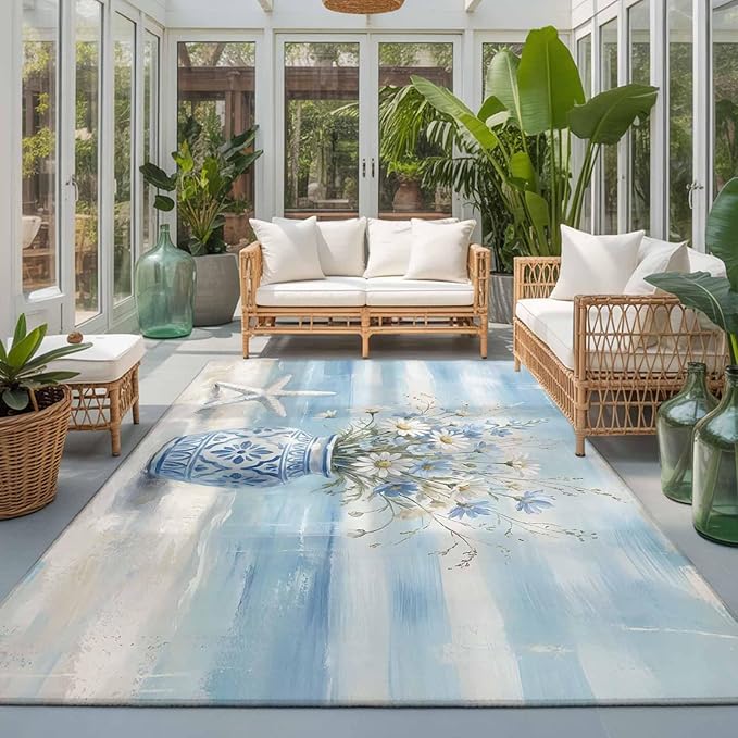 Area Rug 3x5ft, Summer Beach Starfish Flower Washable Rugs for Living Room Bedroom, Marine Theme Daisy Vase Soft Non-Slip Area Rugs Rectangle Floor Carpet for Dining Room