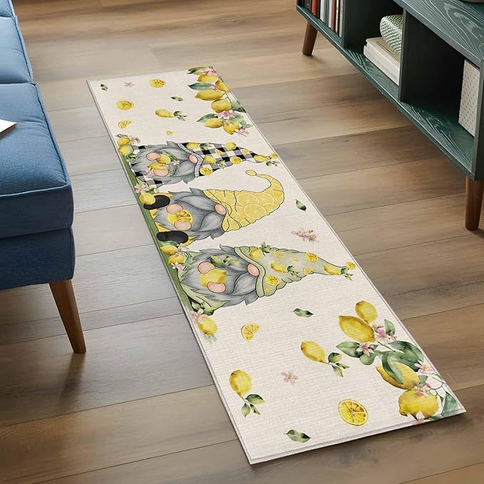 Runner Rug for Bedroom Hallway, Summer Gnome with Lemon Kitchen Runner Rugs Area Rug 2x6ft, Farmhouse Dwarf Fruit on Linen Washable Soft Floor Carpet for Entryway Stair