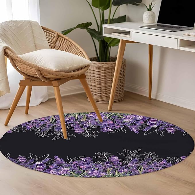 Washable Round Area Rug Spring Purple Lavender Flower Circle Rugs Floor Carpet for Living Room Bedroom, Watercolor Floral on Black Soft Non Slip Round Rug 3ft