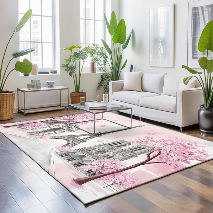 Area Rug 3x5ft, Modern Pink Flower Paris Landmarks Washable Rugs for Living Room Bedroom, Towel Architecture Soft Non-Slip Area Rugs Rectangle Floor Carpet for Dining Room