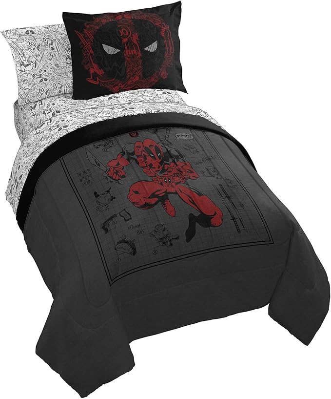 Jay Franco Marvel Deadpool Full Size Comforter Set - 7 Piece Bedding Includes Sheet Set and Pillow Covers - Gray and Red Super Soft Cozy Bedding