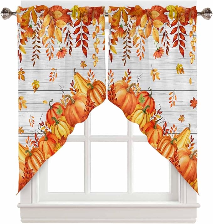 Prime Leader Orange Pumpkins Fallen Leaves Fall Swag Valance Curtains Autumn Thanksgiving Vintage Wood Grain Rod Pocket Kitchen Curtains, Scalloped Window Treatment Valances, 1 Pair, 28" W x 36" L