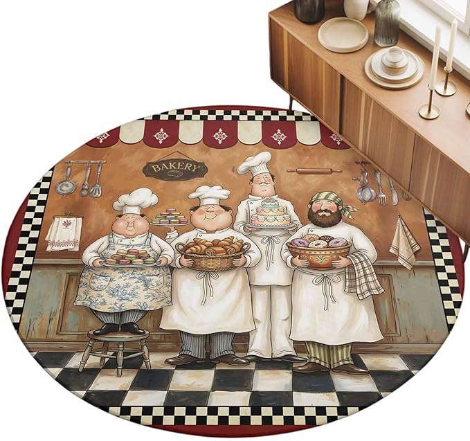Washable Round Area Rug Farmhouse Cartoon Chef Circle Rugs Floor Carpet for Living Room Bedroom, Cooking Theme Black White Checkered Soft Non Slip Round Rug 5ft