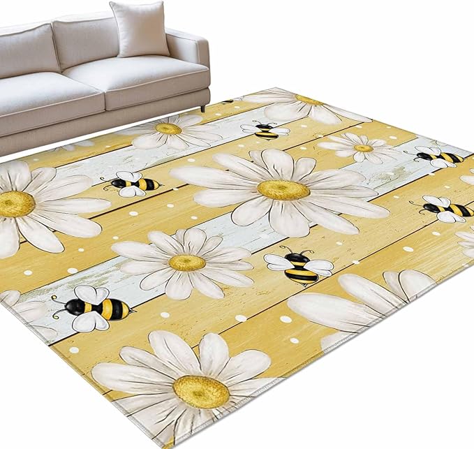 Area Rug 8x10ft, Summer Rustic Daisy Flower Bee Washable Rugs for Living Room Bedroom, Blossom Floral Yellow Wooden Soft Non-Slip Area Rugs Rectangle Floor Carpet for Dining Room
