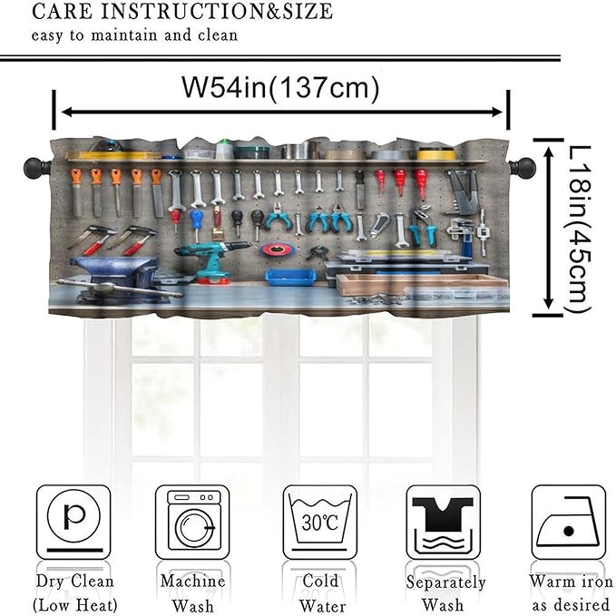 Workshop Tools Backdrop Valance Curtain Garage Mechanic Backdrop Rod Pocket Valance Window Treatments Short Curtains for Kitchen Bathroom Farmhouse Living Room Decor 54x18inch