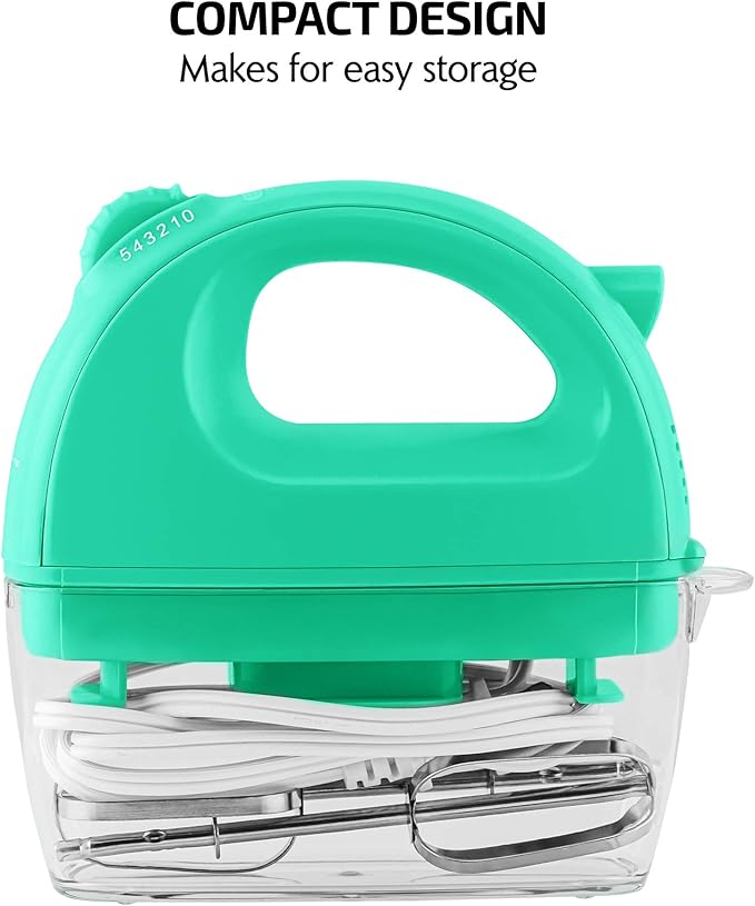 OVENTE Portable Electric Hand Mixer 5 Speed Mixing, 150W Powerful Blender for Baking & Cooking with 2 Stainless Steel Chrome Beater Attachments & Snap Clear Case Compact Easy Storage, Turquoise HM161T