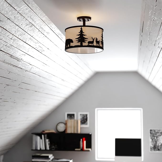 VAXCEL Acadia 13-in W Bronze Rustic Semi Flush Mount Ceiling Light White Linen Deer Tree