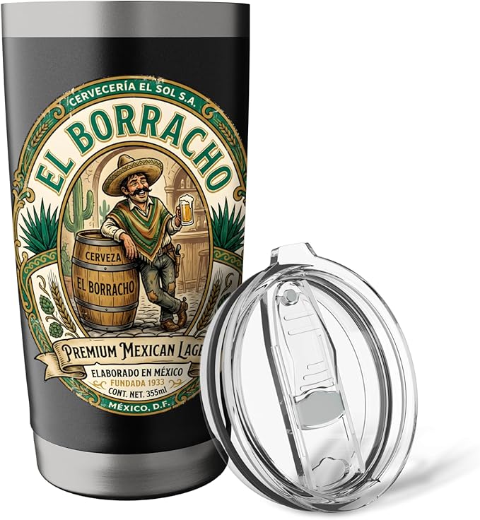El Borracho The Drunk Mexican Cerveza Retro Beer Label Stainless Steel Insulated Tumbler