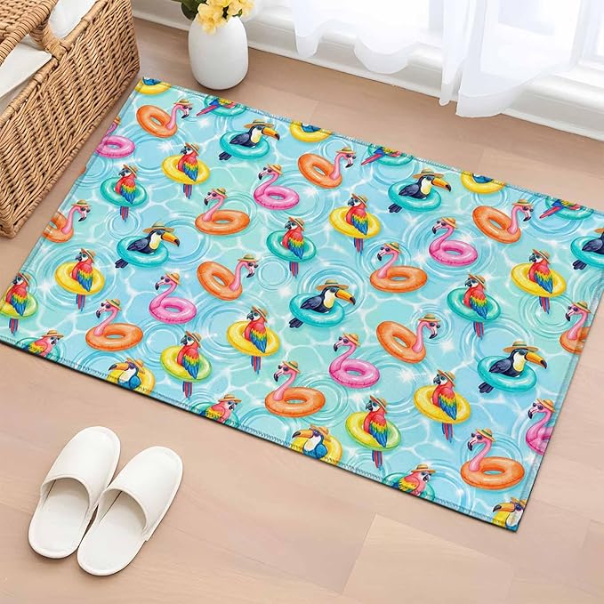 Area Rug 2x3ft, Summer Pool Float Swim Rings Washable Rugs for Living Room Bedroom, Tropical Flamingo Birds Soft Non-Slip Area Rugs Rectangle Floor Carpet for Dining Room