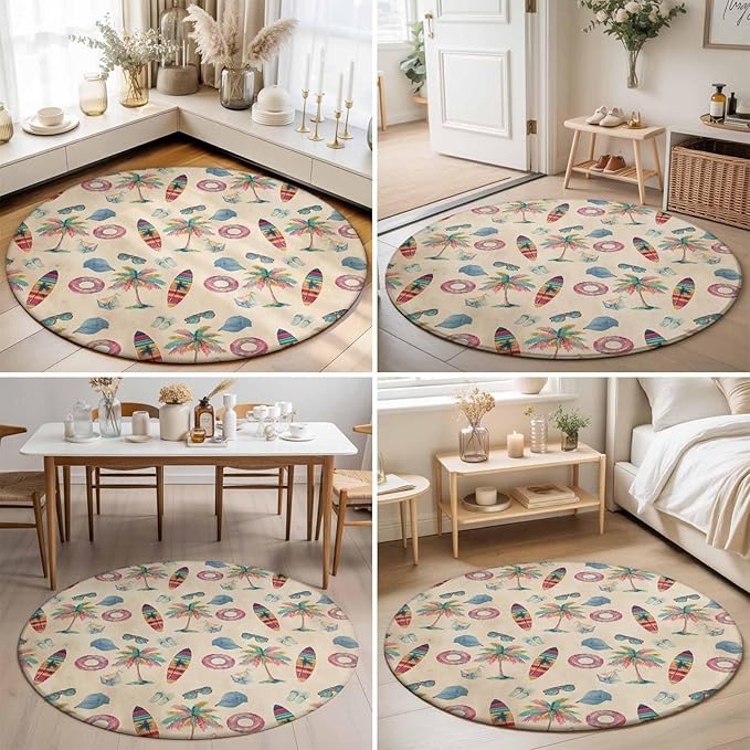 Washable Round Area Rug Summer Surfboard Coconut Tree Circle Rugs Floor Carpet for Living Room Bedroom, Coastal Vintage Plants Soft Non Slip Round Rug 5ft