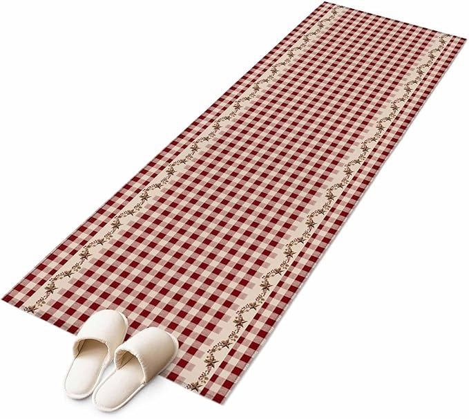 Runner Rug for Bedroom Hallway, Vintage Red Buffalo Plaid Berry Kitchen Runner Rugs Area Rug 2x6ft, Farmhouse Western Star Washable Soft Floor Carpet for Entryway Stair