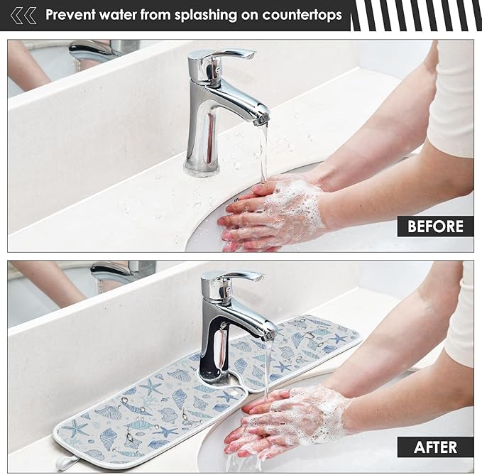 Kitchen Faucet Absorbent Mat, Seashells Starfish Water Splash Guard for Sink, Drip Catcher Thicken Sponge Microfiber Water Catcher Mat 30x5in 2 Pack